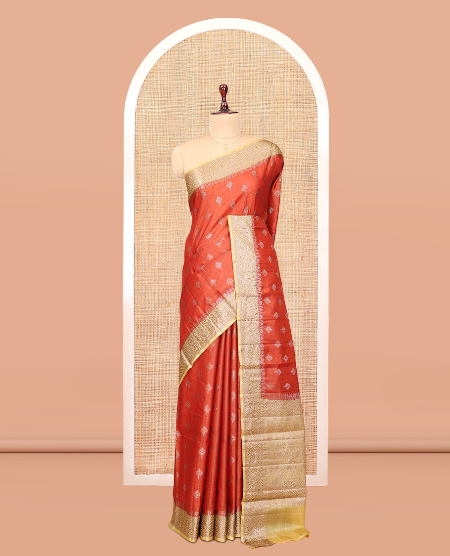 Orange Tussar Silk Saree, Elevated with Zari Buttas, a Contrast Zari Border, Grand Pallu, and a Contrast Blouse