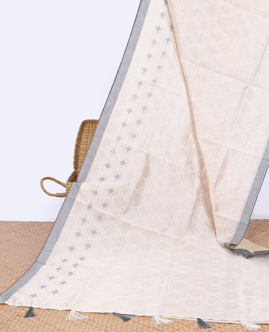 Cream ogee thread embroidery semi-banaras tussar saree with contrast plain border & geometric,ogee embroidered pallu