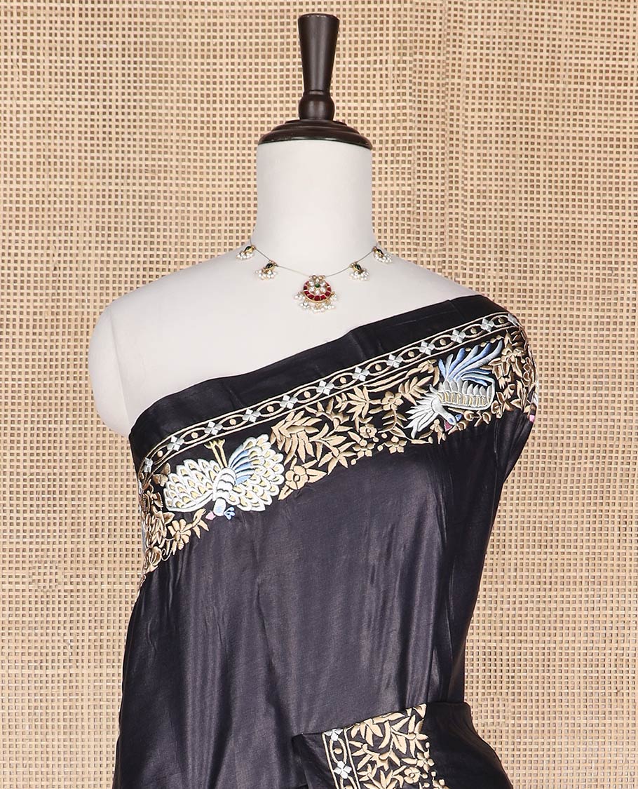 Black tussar saree embroidered border & pond theme embroidery pallu