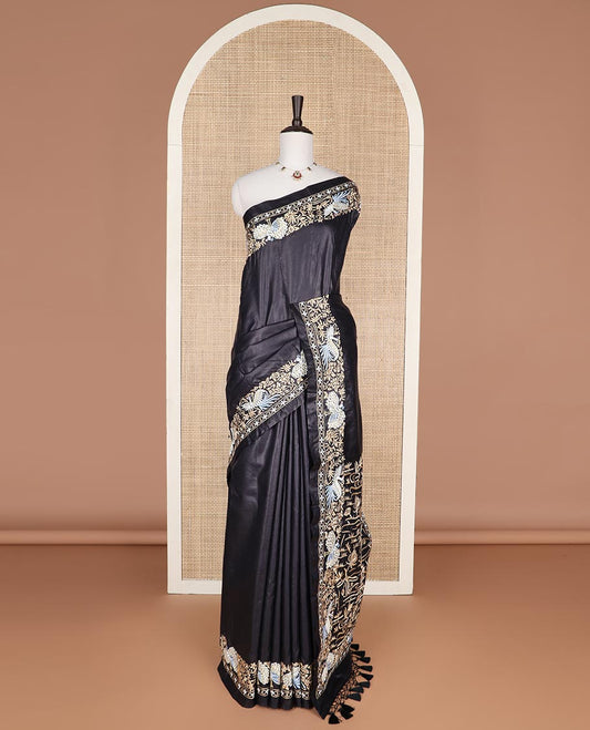 Black tussar saree embroidered border & pond theme embroidery pallu