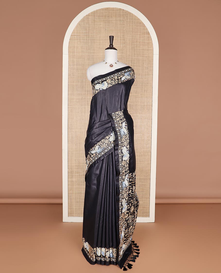 Black tussar saree embroidered border & pond theme embroidery pallu