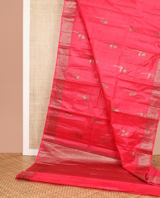 Red motifs tussar silk saree with self zari border & striped pallu