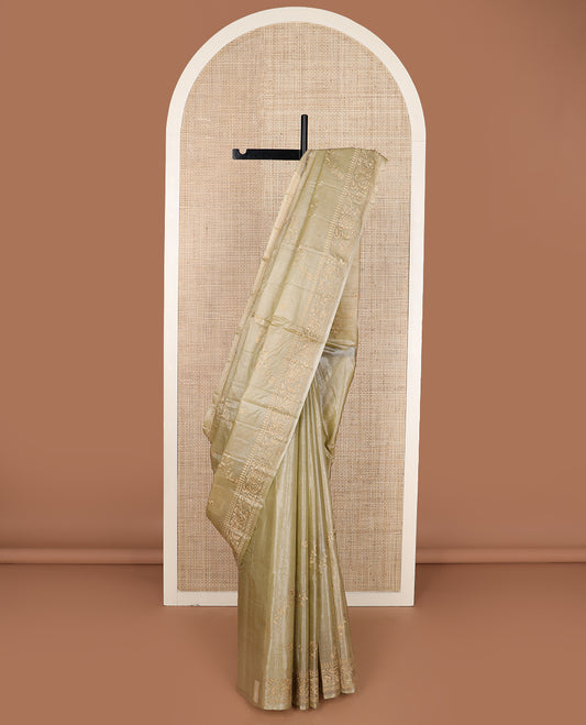 Pastel green diagonal floral stripes thread embroidered tussar saree, floral creeper embroidered border