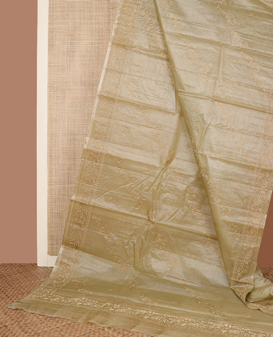 Pastel green diagonal floral stripes thread embroidered tussar saree, floral creeper embroidered border