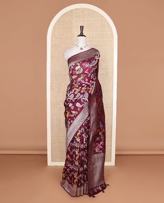 Wine floral vine and animal motifs meenakari design Matka silk saree, traditional design border, and intricate pallu