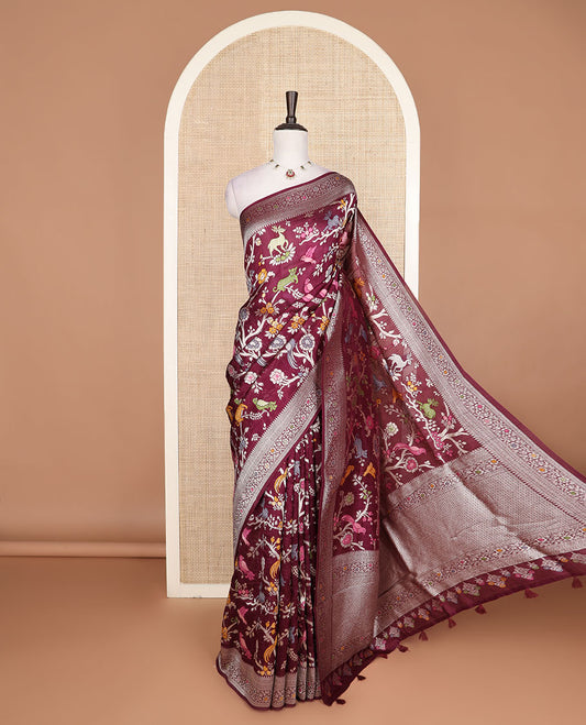 Wine floral vine and animal motifs meenakari design Matka silk saree, traditional design border, and intricate pallu