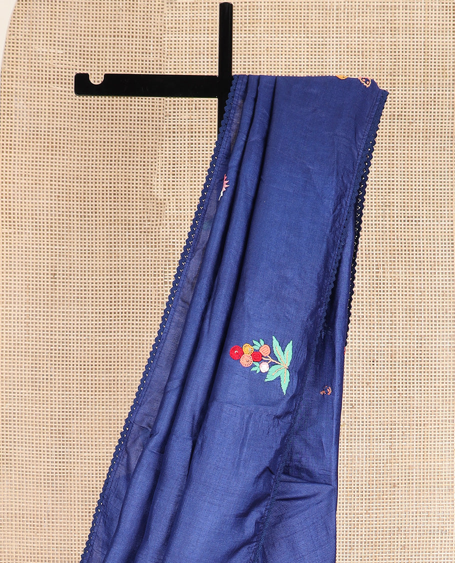 Borderless ink blue base tussar saree with kaleidoscopic-colored thread floral embroidery motifs