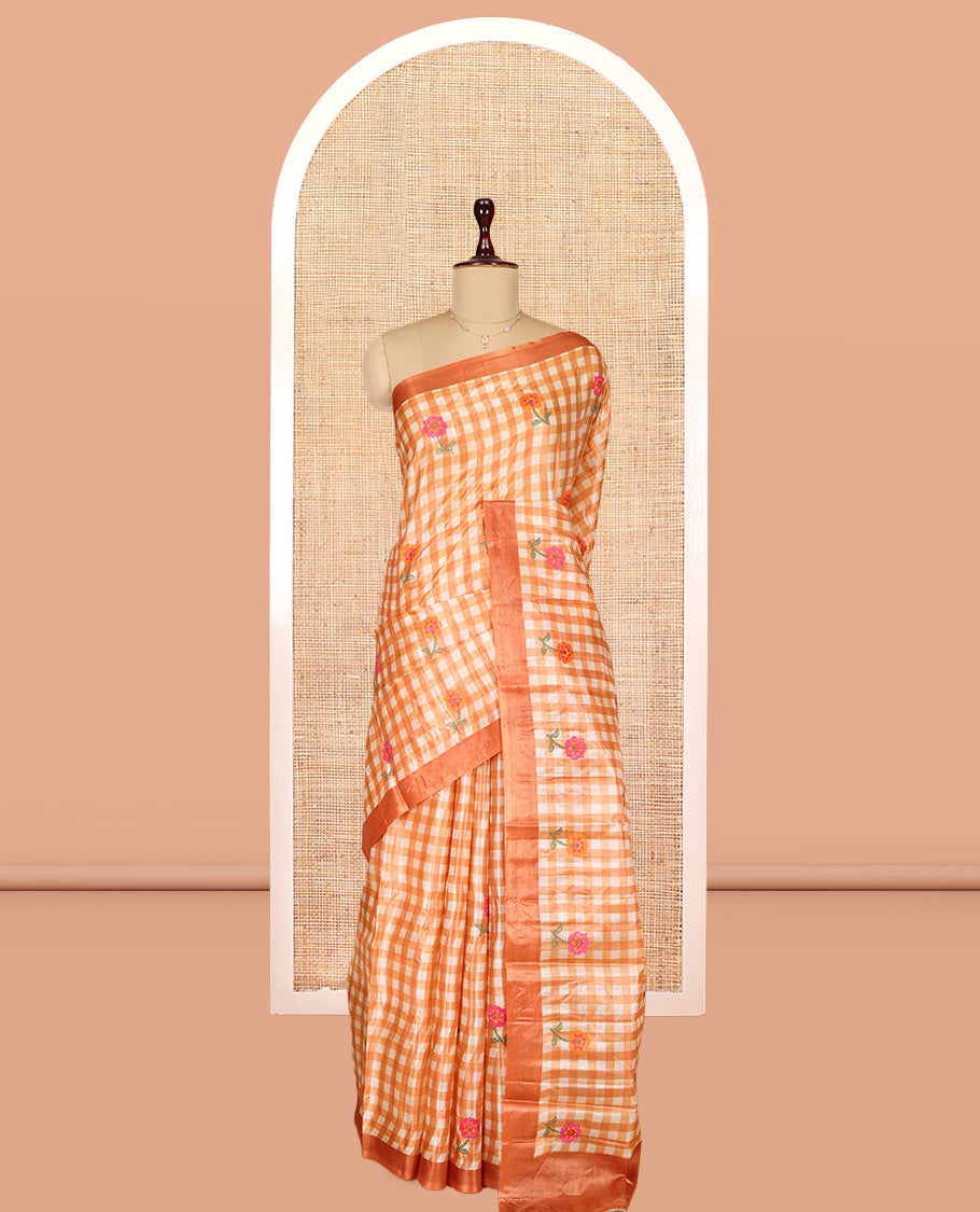 Orange Tusser Silk Saree, Adorned with Checks, a Contrast Border, Self-Pallu, and a Matching Blouse