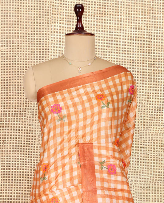 Orange Tusser Silk Saree, Adorned with Checks, a Contrast Border, Self-Pallu, and a Matching Blouse