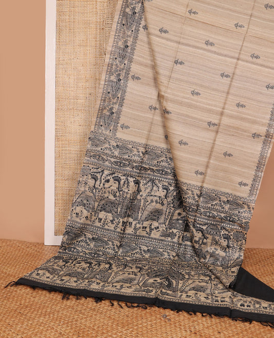 Sandal floral motifs printed tussar saree, featuring a self-border & pallu with Madhubani-style motifs in black dye