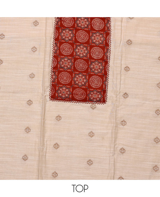 Cream-red material chudidar set, Ajrakh printed patch neck work top, contrast Ajrakh printed bottom, and thread embroidered dupatta