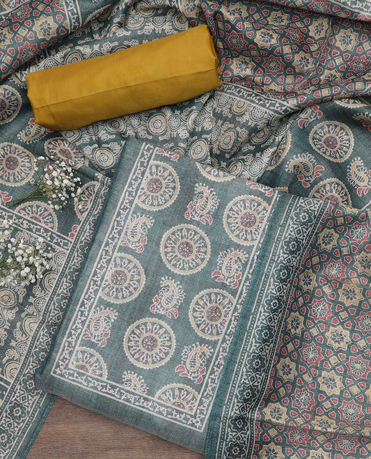 Green material chudidar set, Ajrakh style printed with stone work top, contrast yellow plain bottom and Ajrakh printed dupatta