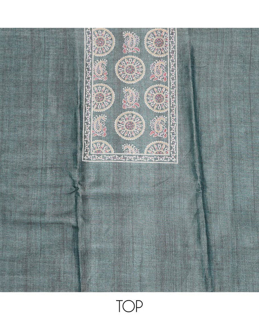 Green material chudidar set, Ajrakh style printed with stone work top, contrast yellow plain bottom and Ajrakh printed dupatta