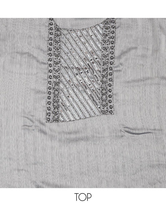 Grey material chudidar set, neck embroidered top, plain bottom, and plain scallop border dupatta