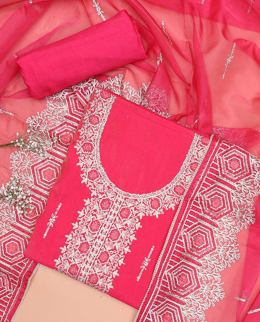 Blue chudidhar material set floral thread embroidery, plain bottom & floral thread embroidered dupatta