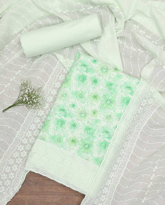 Light green chudidhar material set floral emboridery top, plain botttom & floral vine thread embroidery dupatta