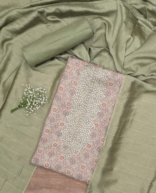 Multi-color chudidhar material set floral embroidery top, contrast plain bottom & green sequins embroidery dupatta
