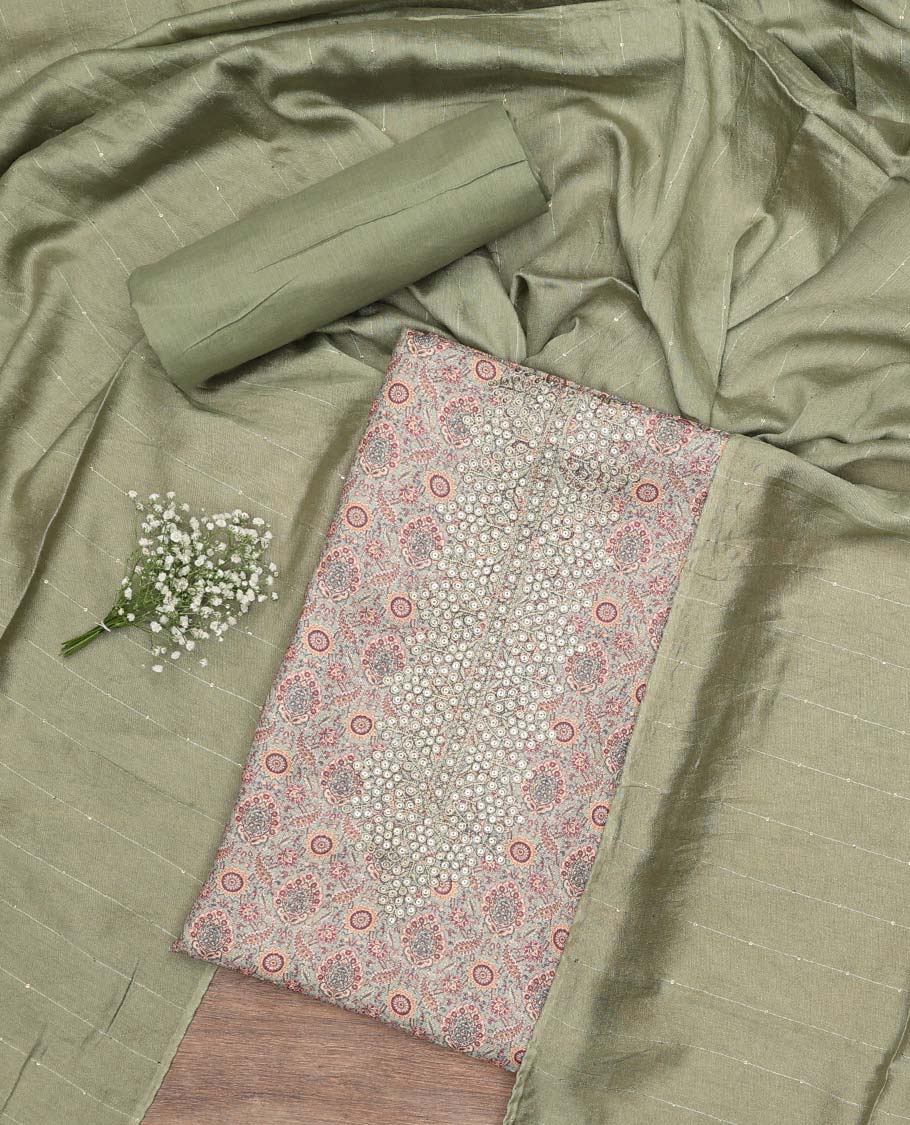 Multi-color chudidhar material set floral embroidery top, contrast plain bottom & green sequins embroidery dupatta