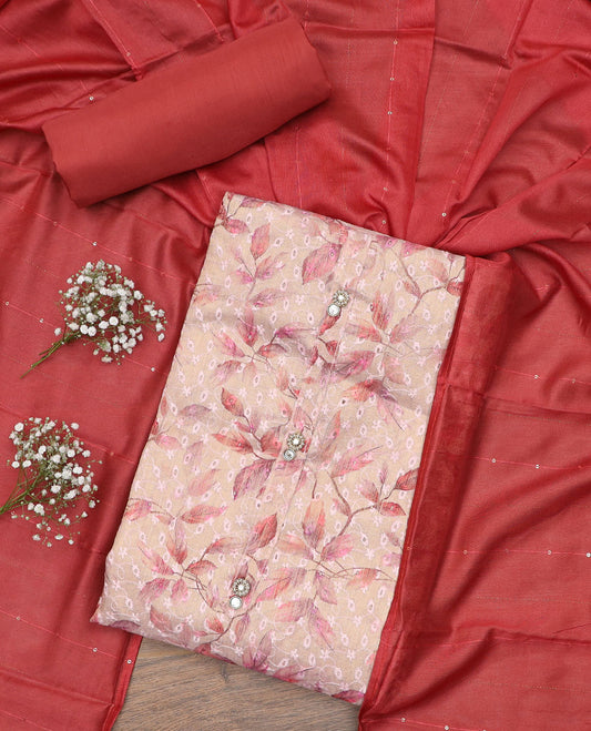 Peach material chudidar set, floral print with thread embroidered top, contrast plain bottom and sequins striped dupatta