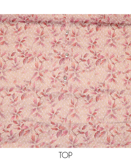 Peach material chudidar set, floral print with thread embroidered top, contrast plain bottom and sequins striped dupatta