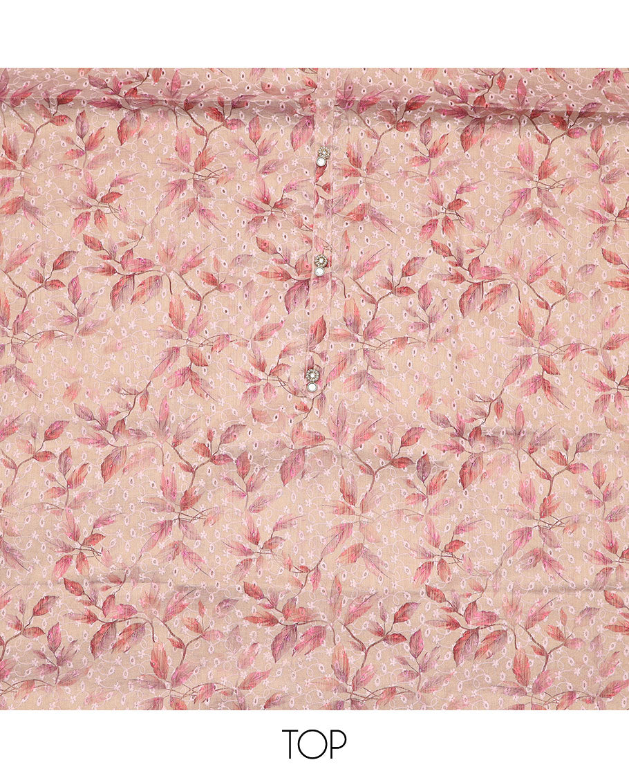 Peach material chudidar set, floral print with thread embroidered top, contrast plain bottom and sequins striped dupatta