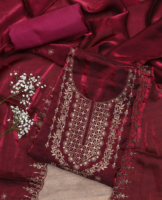 Maroon material chudidar set, sequins embroidered top, plain bottom, and scallop thread embroidered dupatta