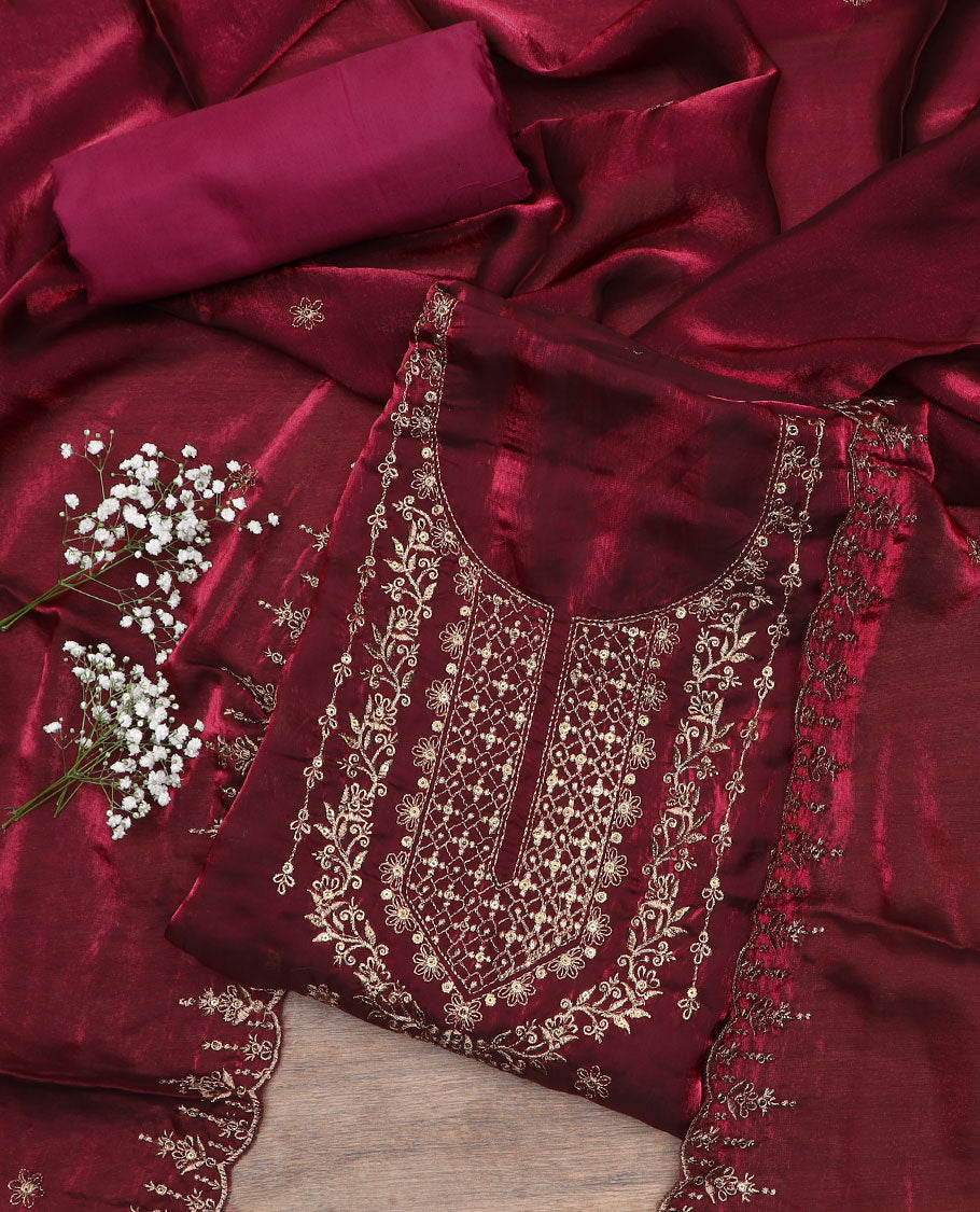 Maroon material chudidar set, sequins embroidered top, plain bottom, and scallop thread embroidered dupatta