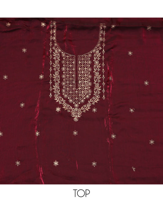 Maroon material chudidar set, sequins embroidered top, plain bottom, and scallop thread embroidered dupatta