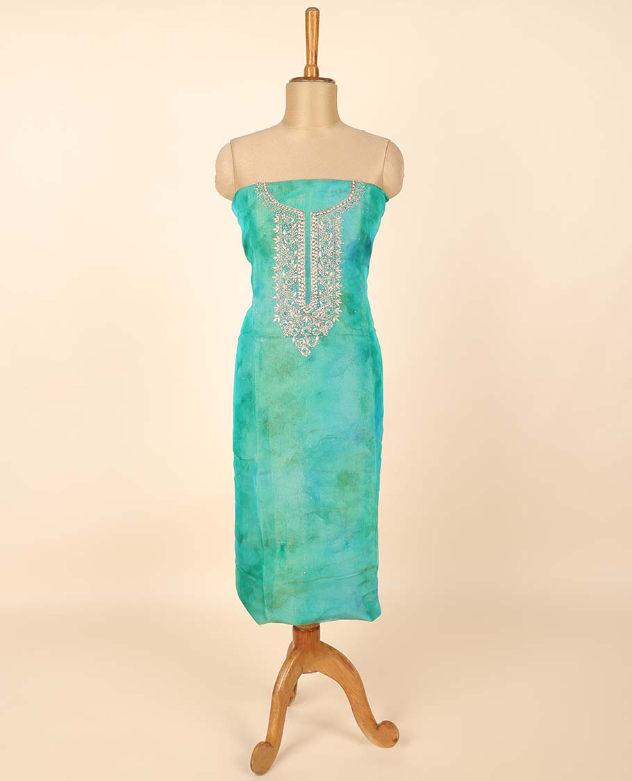 Blue material chudidhar set, abstract print & embroidered top, plain bottom & Banaras buttas duppata
