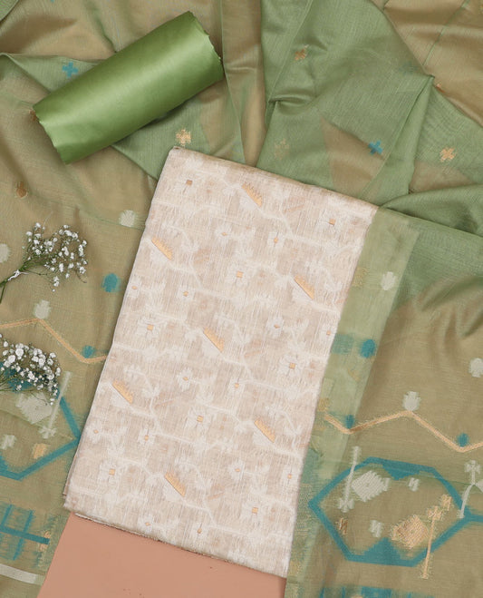 Cream chudidhar material set, ikkat floral design top , green plain bottom & ikkat floral zari design dupatta