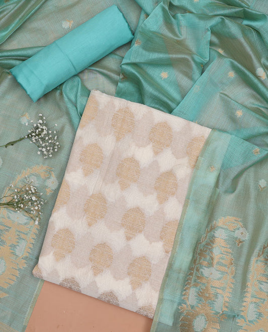 Cream chudidhar material set, floral motifs top, blue plain bottom & floral design dupatta
