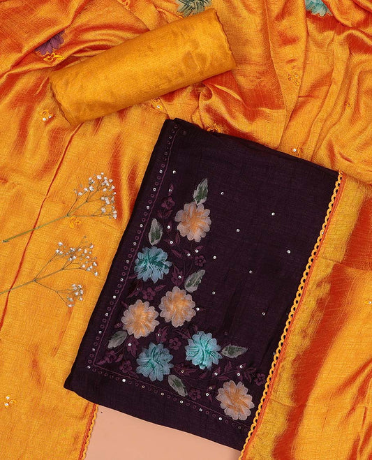 Violet chudidhar material set floral thread embroidered top with plain bottom & floral design dupatta