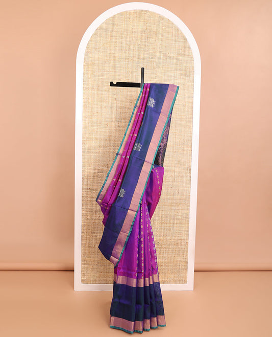 Purple floral design uppda saree with contrast floral, animal design border & intricate zari design pallu