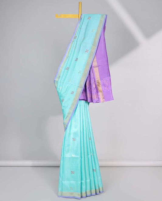 Light blue motifs uppada silk saree with contrast zari border & floral vine design pallu