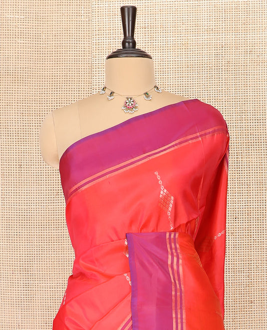 Orange Semi Uppada Saree Embellished with Zari Buttas, Complemented by a Contrast Bavanji Border, Pallu Elevated with Intricate Zari Designs, and Paired with a Contrast Blouse