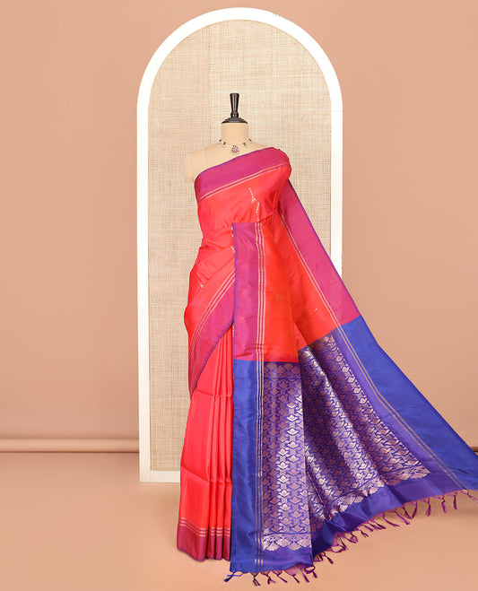 Orange Semi Uppada Saree Embellished with Zari Buttas, Complemented by a Contrast Bavanji Border, Pallu Elevated with Intricate Zari Designs, and Paired with a Contrast Blouse