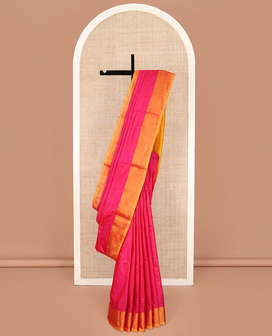 Pink Plain Uppada Silk Saree, Complemented by a Contrast Plain Border, Pallu Steeped with Zari Stripes, and Paired with a Contrast Blouse