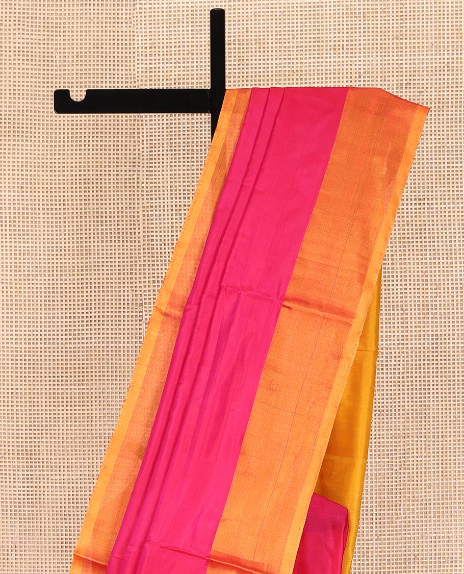 Pink Plain Uppada Silk Saree, Complemented by a Contrast Plain Border, Pallu Steeped with Zari Stripes, and Paired with a Contrast Blouse