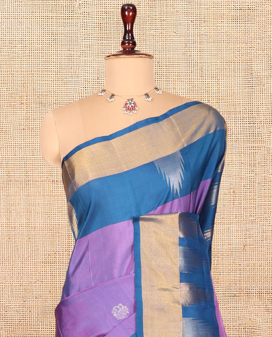 Lavender Uppada Silk Saree, Woven with Buttas, Complemented by a Contrast Temple Zari Border, Contrast Intricately Designed Pallu, and a Contrast Blouse
