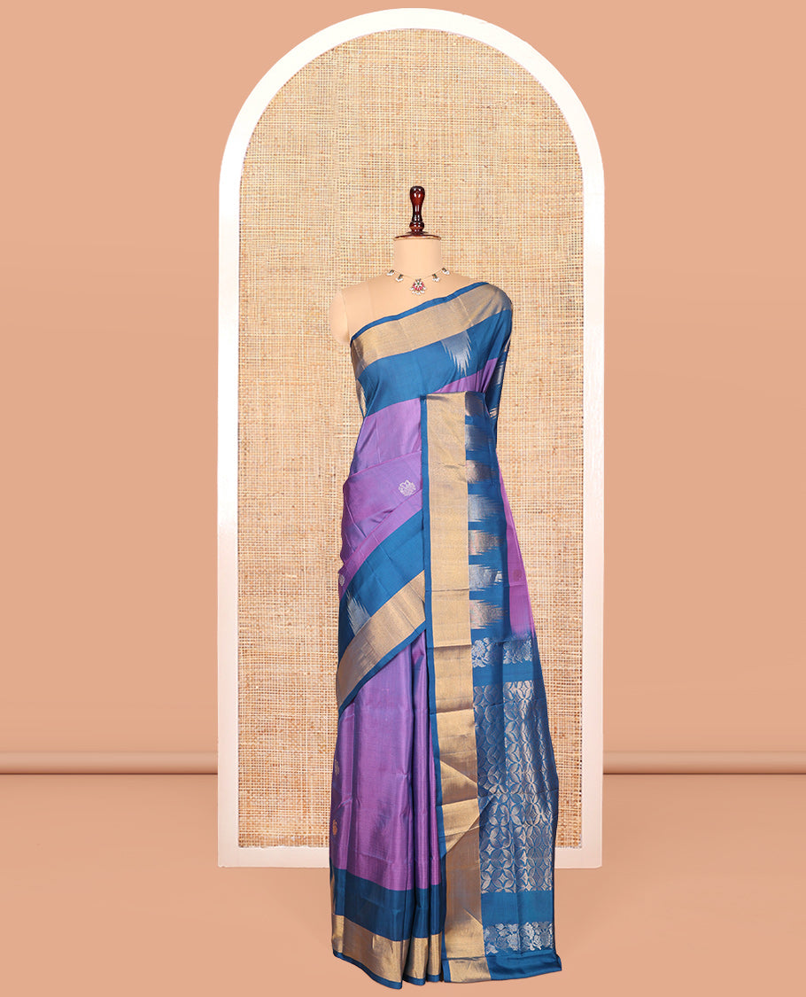 Lavender Uppada Silk Saree, Woven with Buttas, Complemented by a Contrast Temple Zari Border, Contrast Intricately Designed Pallu, and a Contrast Blouse