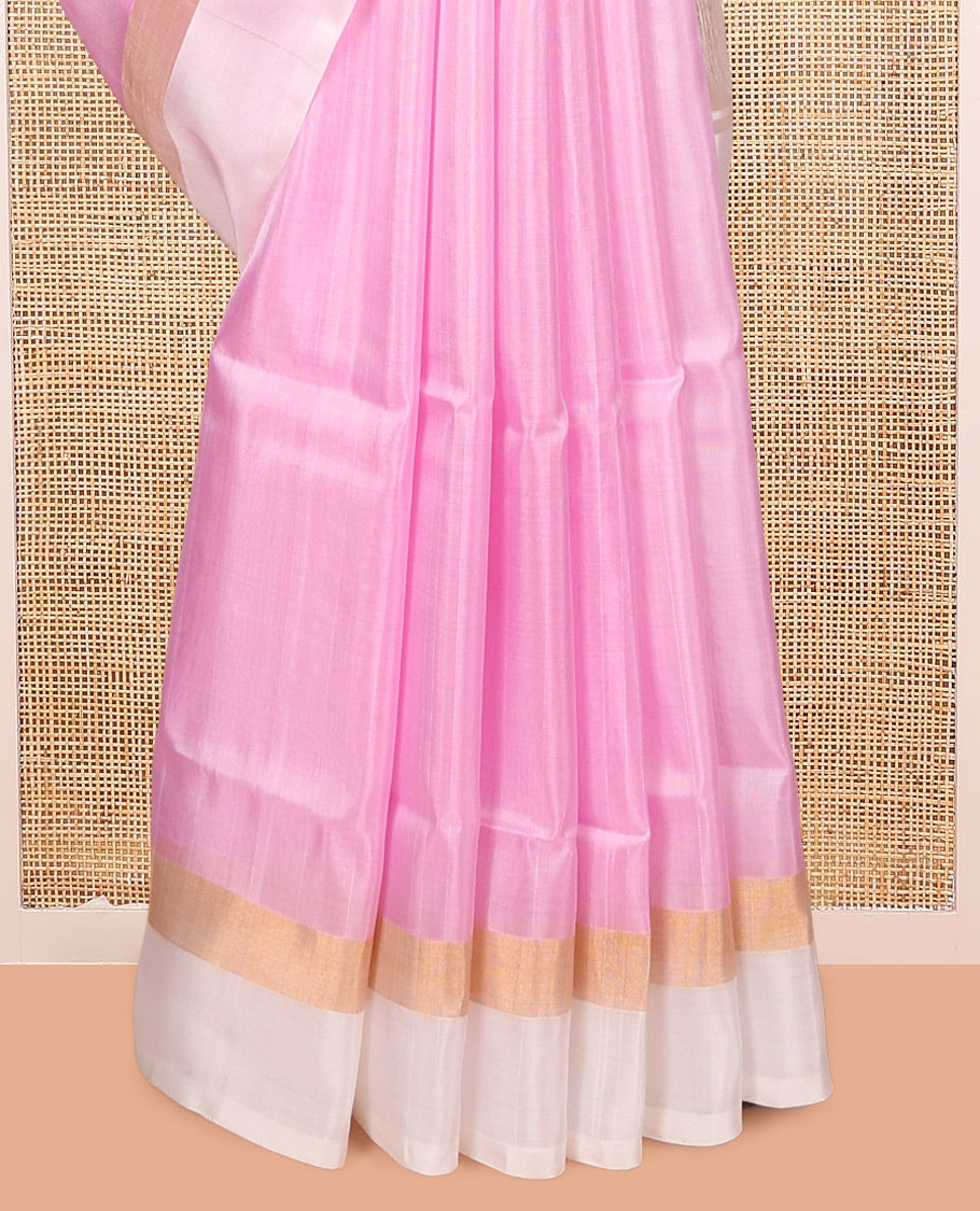 Pink Uppada Silk Saree, Sparsely Woven with Zari Buttas, Complemented By Contrast Butta Woven Border, Pallu of Peacock and Floral Buttas, and a Contrast Blouse