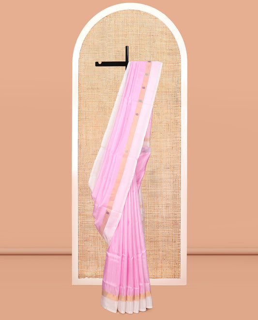 Pink Uppada Silk Saree, Sparsely Woven with Zari Buttas, Complemented By Contrast Butta Woven Border, Pallu of Peacock and Floral Buttas, and a Contrast Blouse