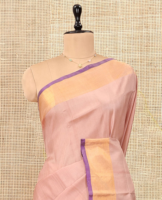 Peach Plain Uppada Silk Saree, Complemented by a Contrast Border, Contrast Plain Pallu, and a Contrast Blouse