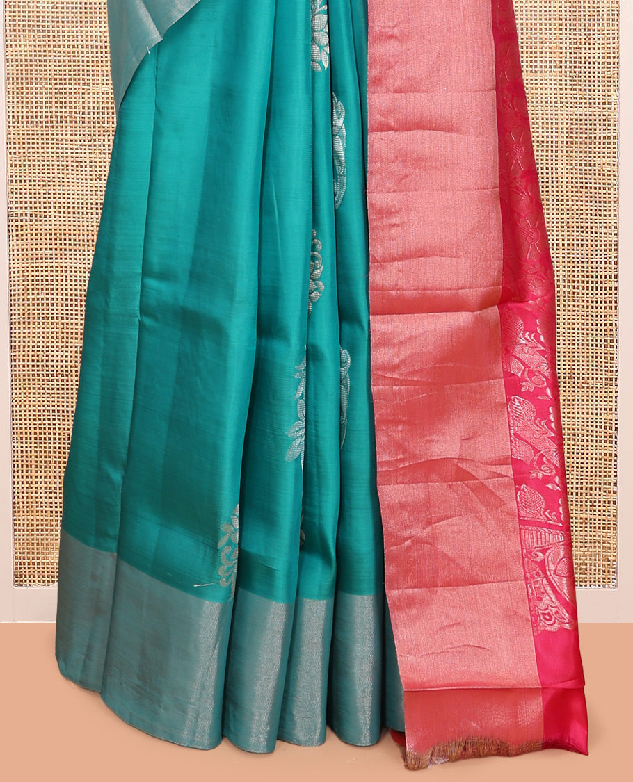 Blue Semi Uppada Saree, Decorated with Zari Buttas, a Bavanji Border, Contrast Floral Pallu, and a Contrast Blouse