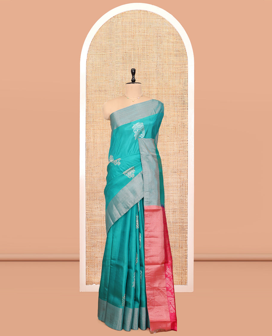 Blue Semi Uppada Saree, Decorated with Zari Buttas, a Bavanji Border, Contrast Floral Pallu, and a Contrast Blouse