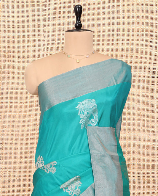 Blue Semi Uppada Saree, Decorated with Zari Buttas, a Bavanji Border, Contrast Floral Pallu, and a Contrast Blouse
