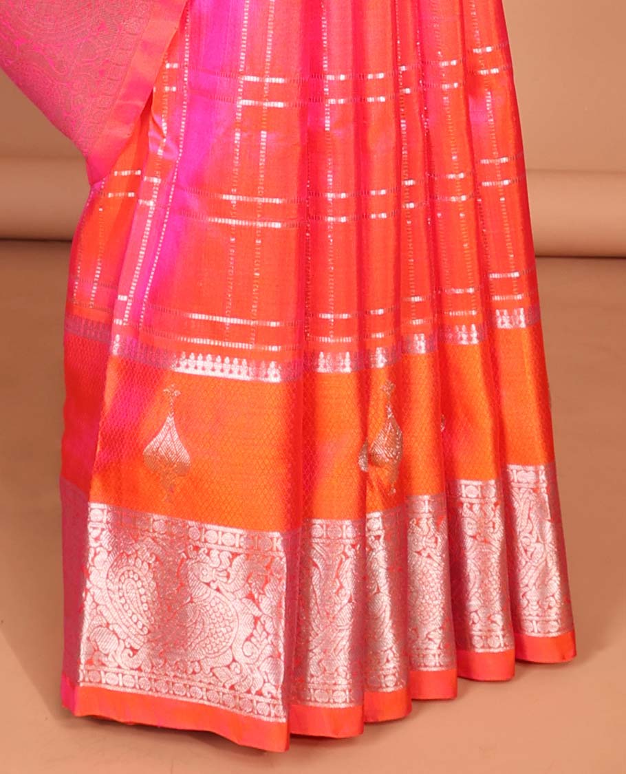 Pink checked design vengatagiri pure silk saree , contrast traditional design border & ogee design pallu