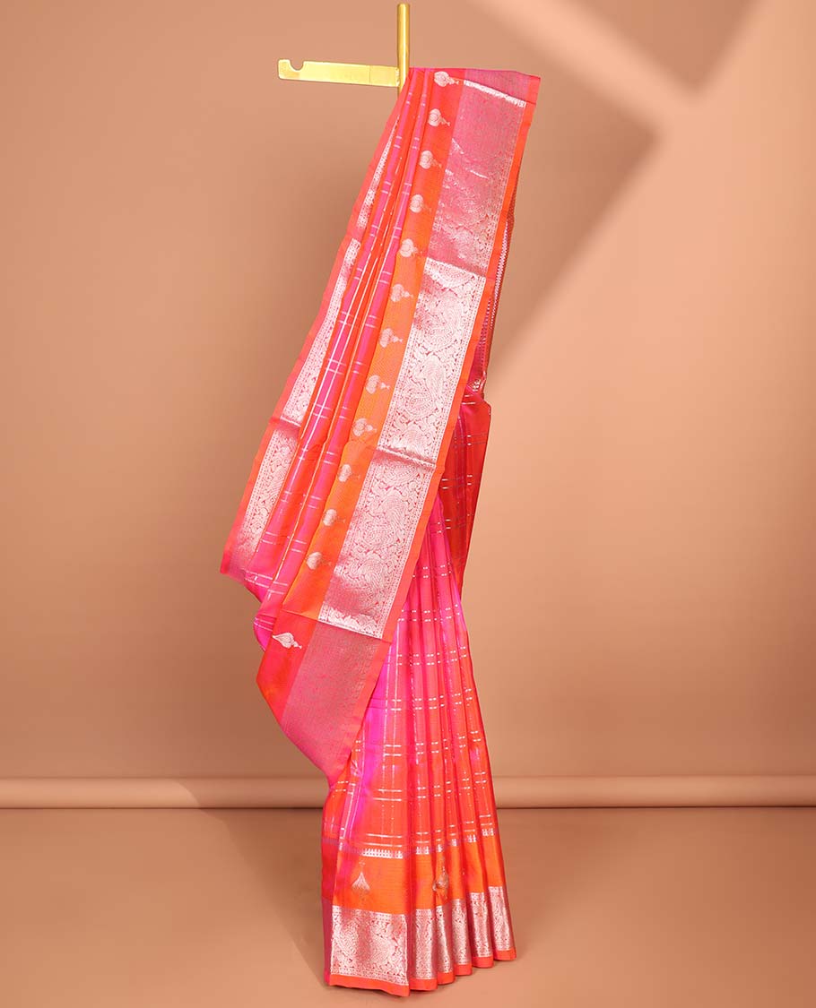 Pink checked design vengatagiri pure silk saree , contrast traditional design border & ogee design pallu