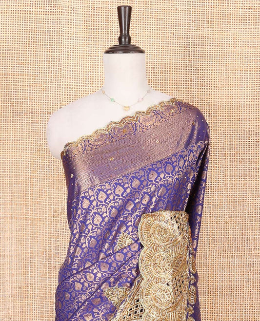Blue Vastrakala Silk Saree, Artfully Detailed with Jaal Jacquard and Embroidery, Complemented by Traditional Zari and Cut-Embroidered Scallop Border, Grandly Zari and Stone Work Pallu, and Paired with Matching Embroidered Blouse