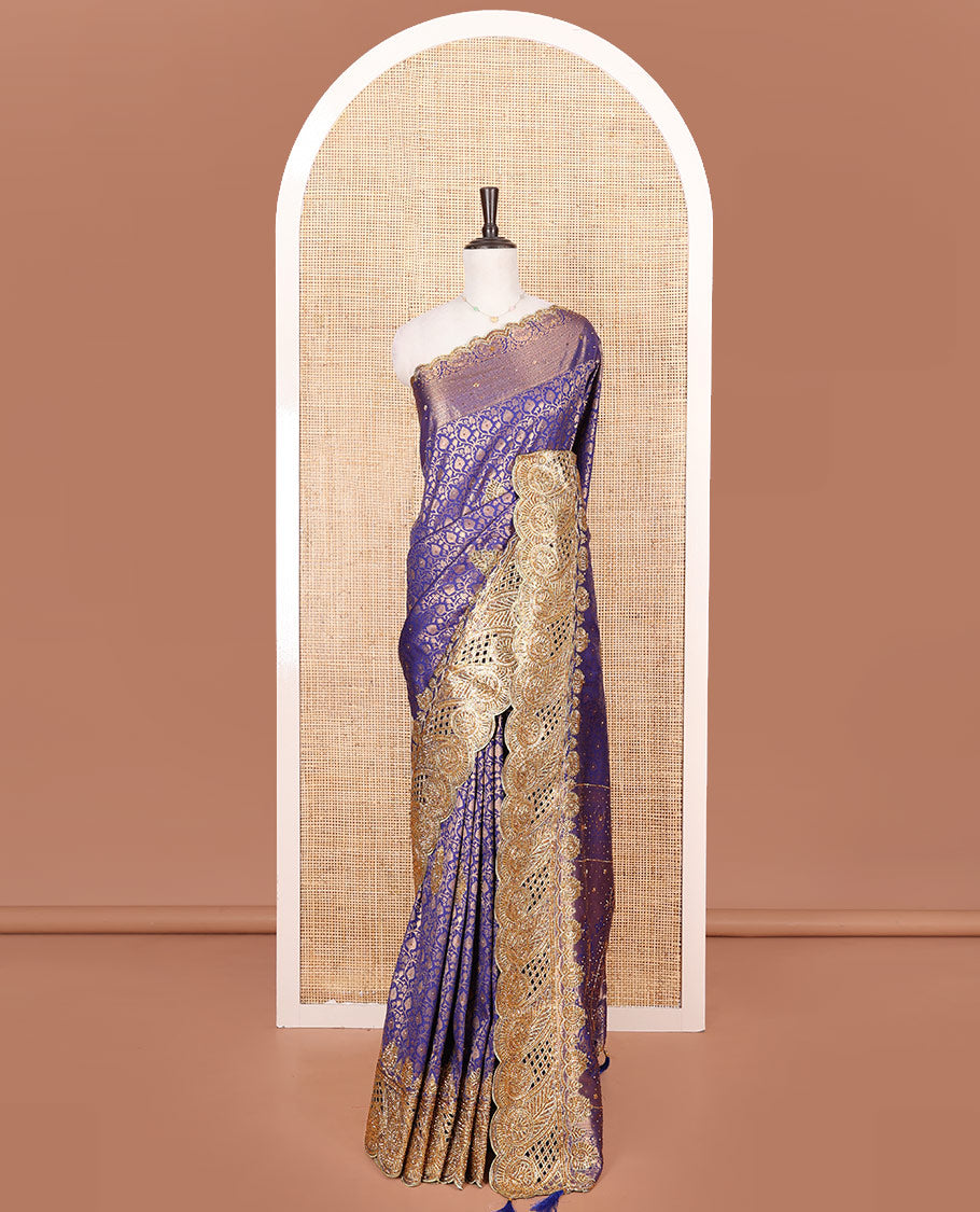 Blue Vastrakala Silk Saree, Artfully Detailed with Jaal Jacquard and Embroidery, Complemented by Traditional Zari and Cut-Embroidered Scallop Border, Grandly Zari and Stone Work Pallu, and Paired with Matching Embroidered Blouse
